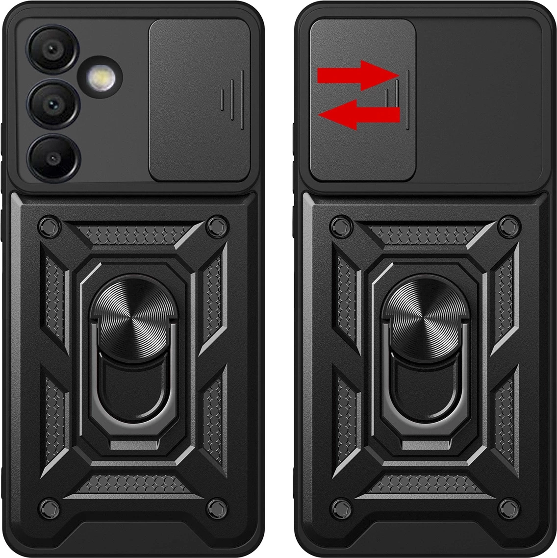 Mbështjellës Hurtel Hybrid Armor Camshield për Samsung Galaxy A56, me kapak kamere dhe mbajtëse, zi