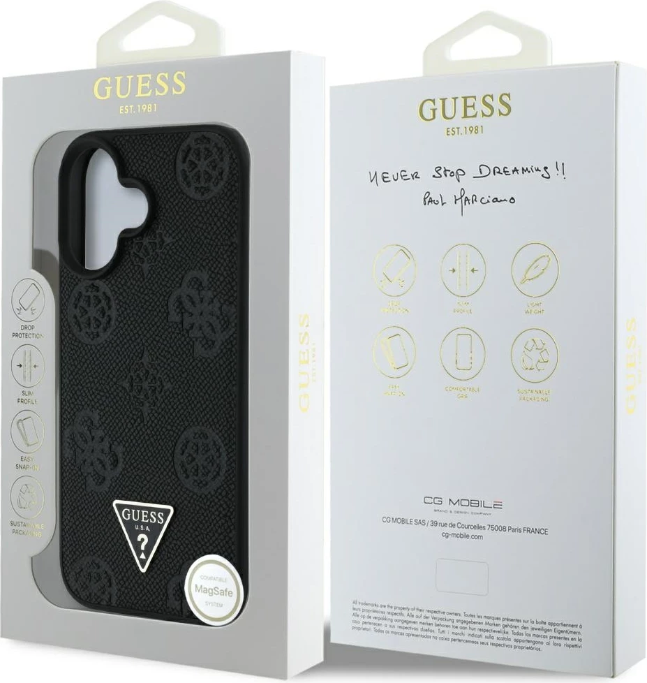 Mbështjellës Guess Grained Hot Stamp Peony Triangle Logo MagSafe për iPhone 16, i zi