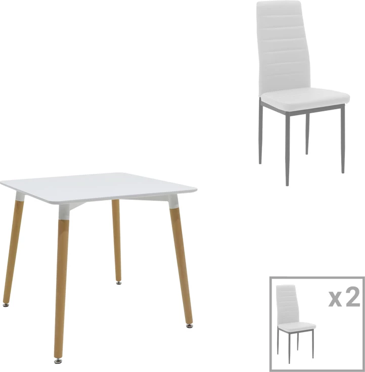 Set tavoline me dy karrige Natali-Parker, MDF e bardhë, këmbë natyrale, 80x80x76cm