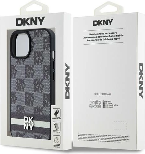 Mbështjellës DKNY Leather Checkered Mono Pattern & Printed Stripes për iPhone 15/14/13, i zi