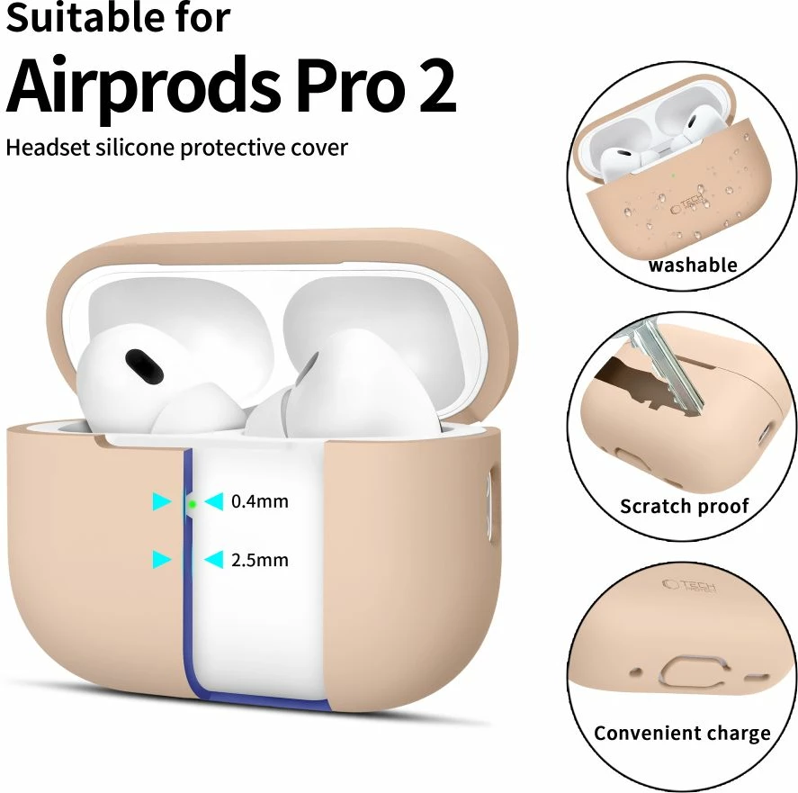 Mbështjellës Tech-Protect për AirPods Pro/Pro 2, silikon, bezhë