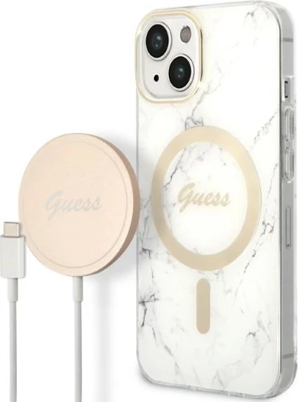 Set mbështjellës Guess Marble Collection me karikues wireless MagSafe për iPhone 14 6.1", Bardhë