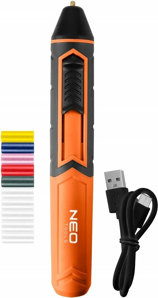 Stilolaps ngjitësi i nxehtë Neo Tools 17-085, bateri 2000 mAh, për shufra 8 mm, USB, set 10 shufra, portokalli/zi