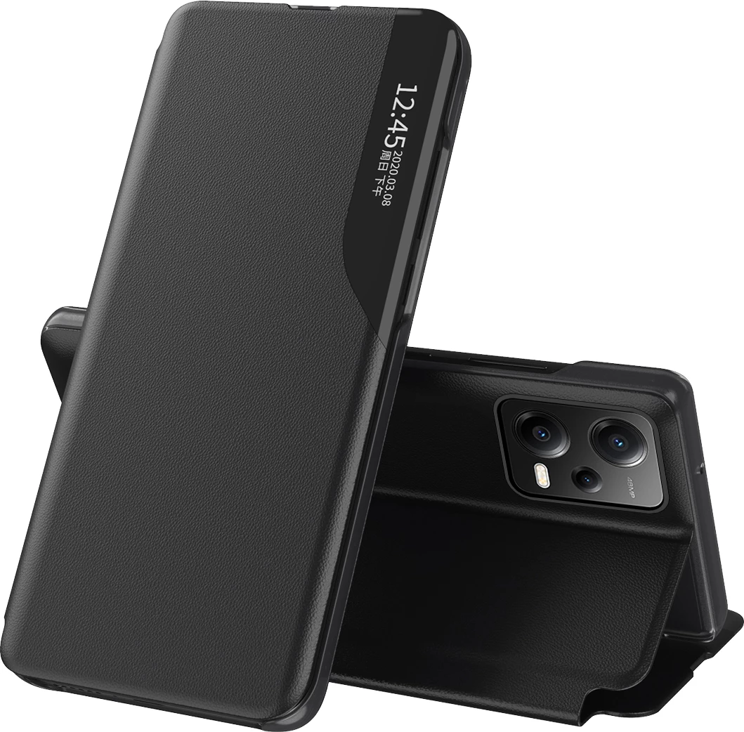 Mbështjellës Hurtel Eco Leather View Case për Xiaomi Redmi Note 12 Pro / Poco X5 Pro 5G, me qëndrim, i zi
