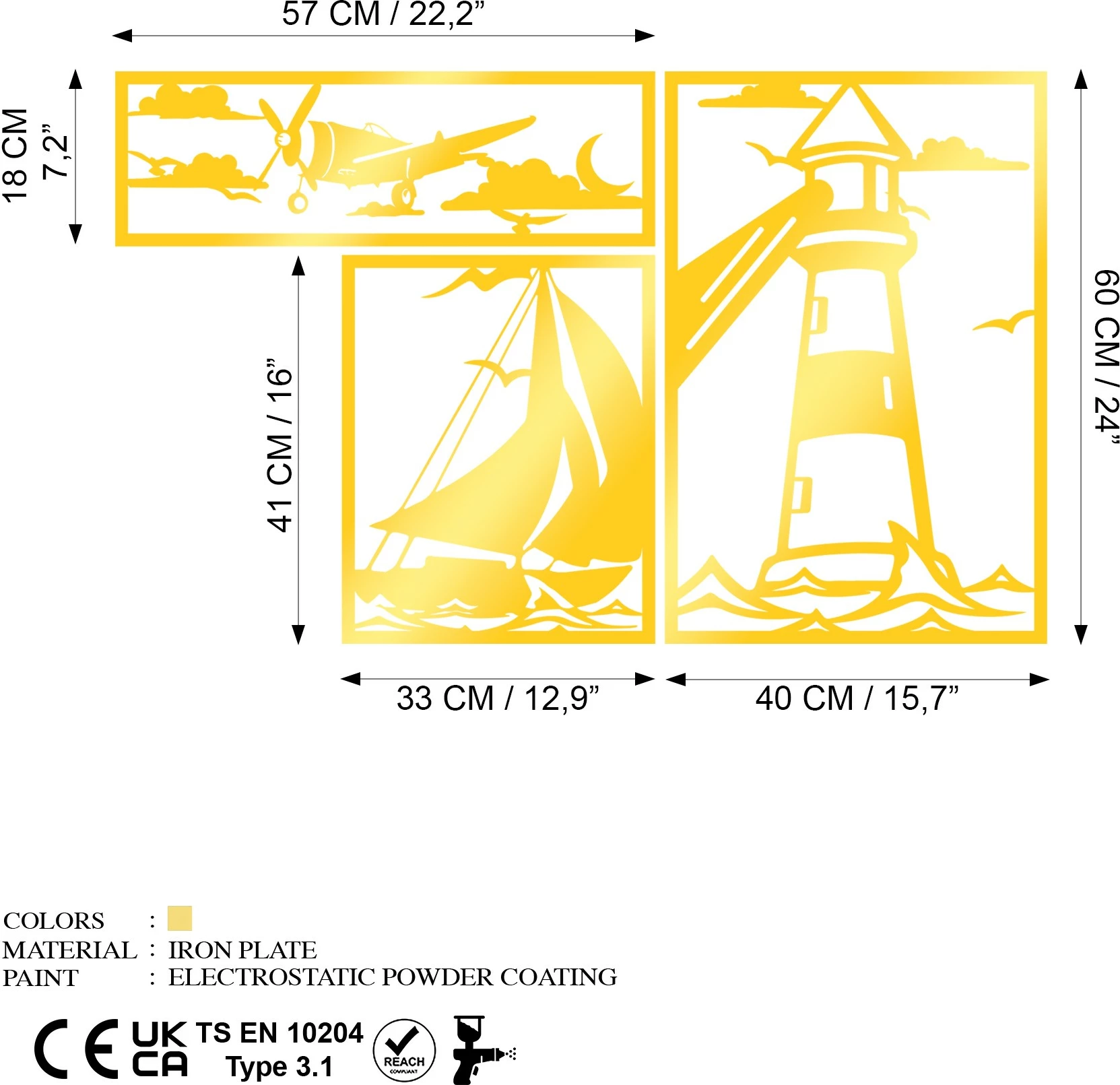 Aksesor dekorativ metalik për mur Wallity, set me tre pjesë, ngjyrë ari, Lighthouse Trio G
