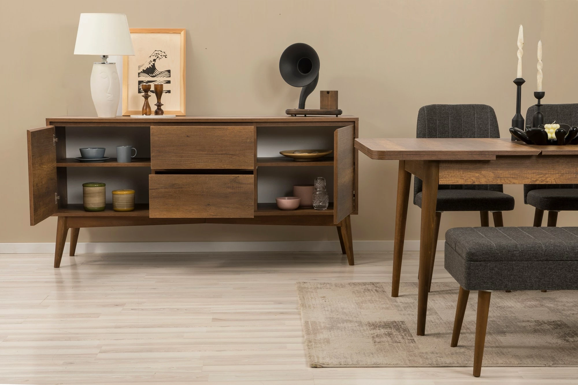 Set tavoline me karrige dhe konsolë, zgjatues, 5 pjesë, Skye Decor, Vina 02 1053, ngjyrë arre dhe antracit