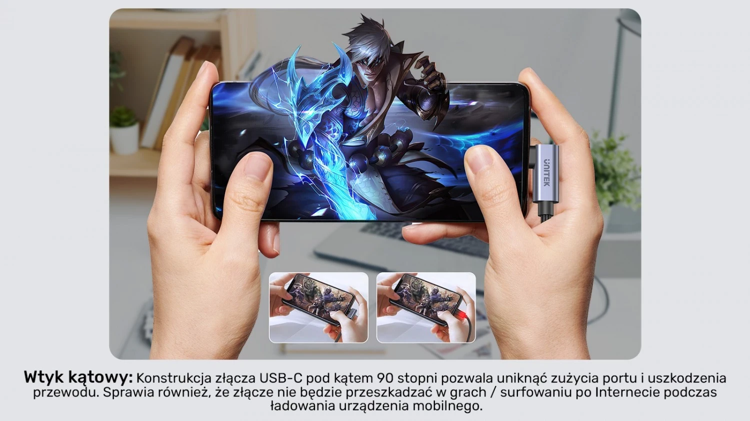 Kabëll USB-C Unitek, 90° PD100W, 1m, zi-gri