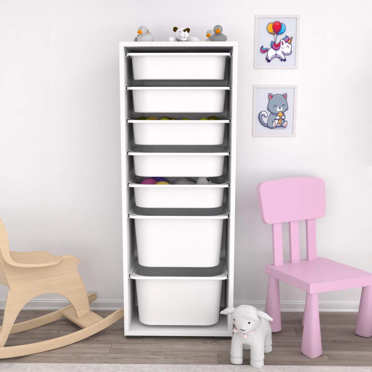 Komodinë SANI FH18213.01 melaminë, ngjyrë bardhë, 7 sirtarë plastikë, 45.5x30x122 cm