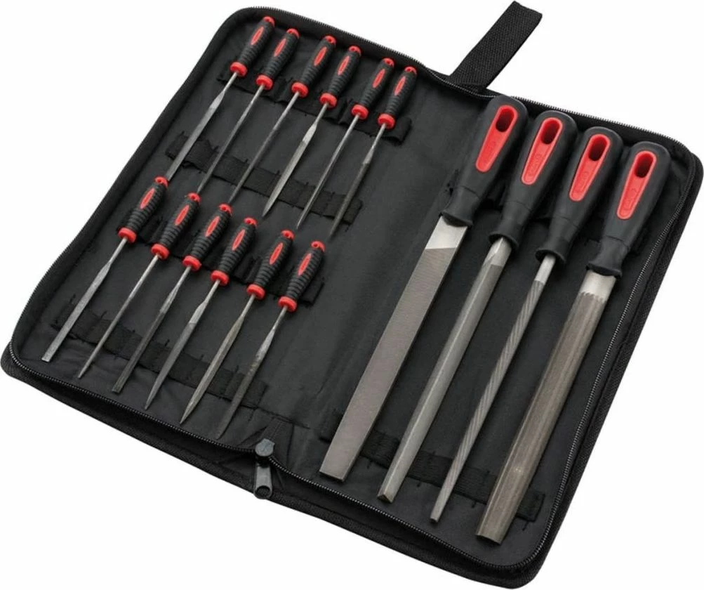 Set turpish metalike Draper 68904, 16 copë, çelik me karbon të lartë, kuqe-zi, me çantë kanavace