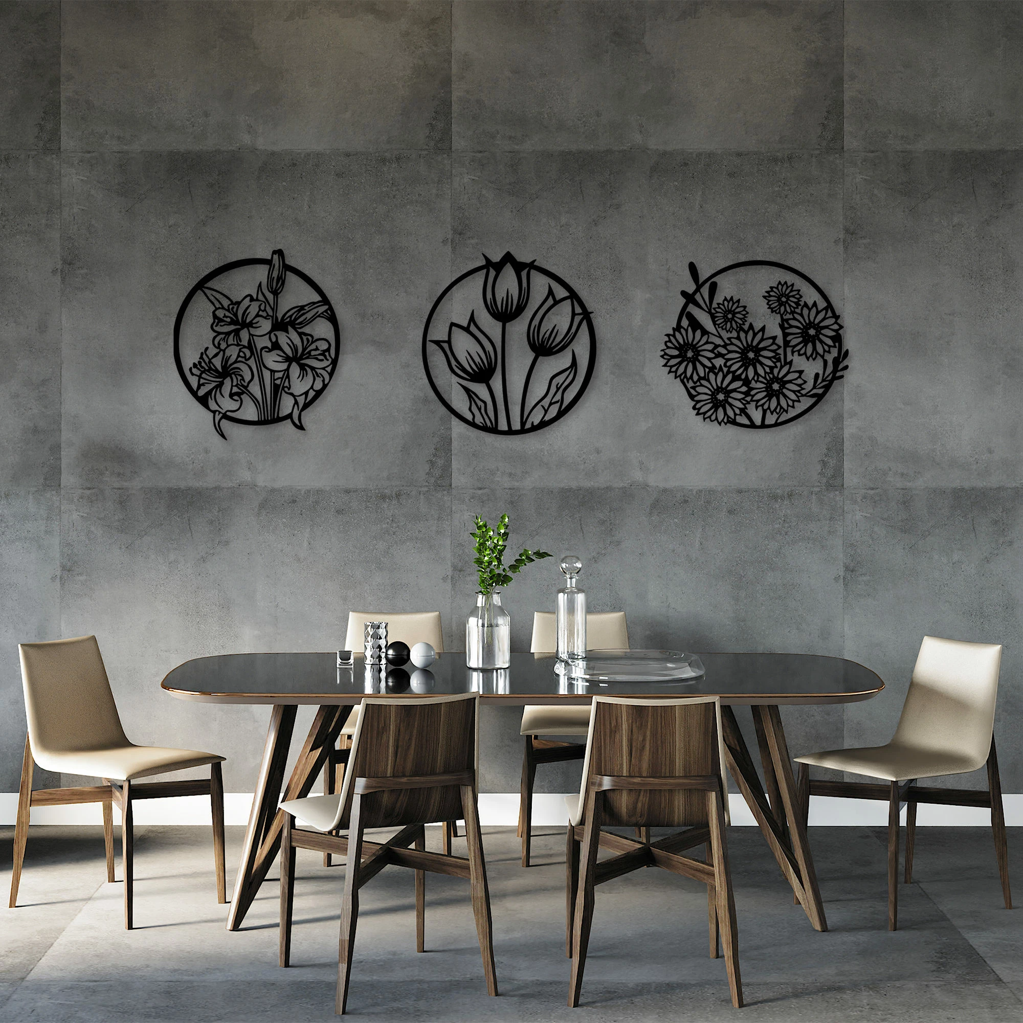 Aksesor dekorativ metalik për mur, lule, 3 copë, Wallity, 72x79cm