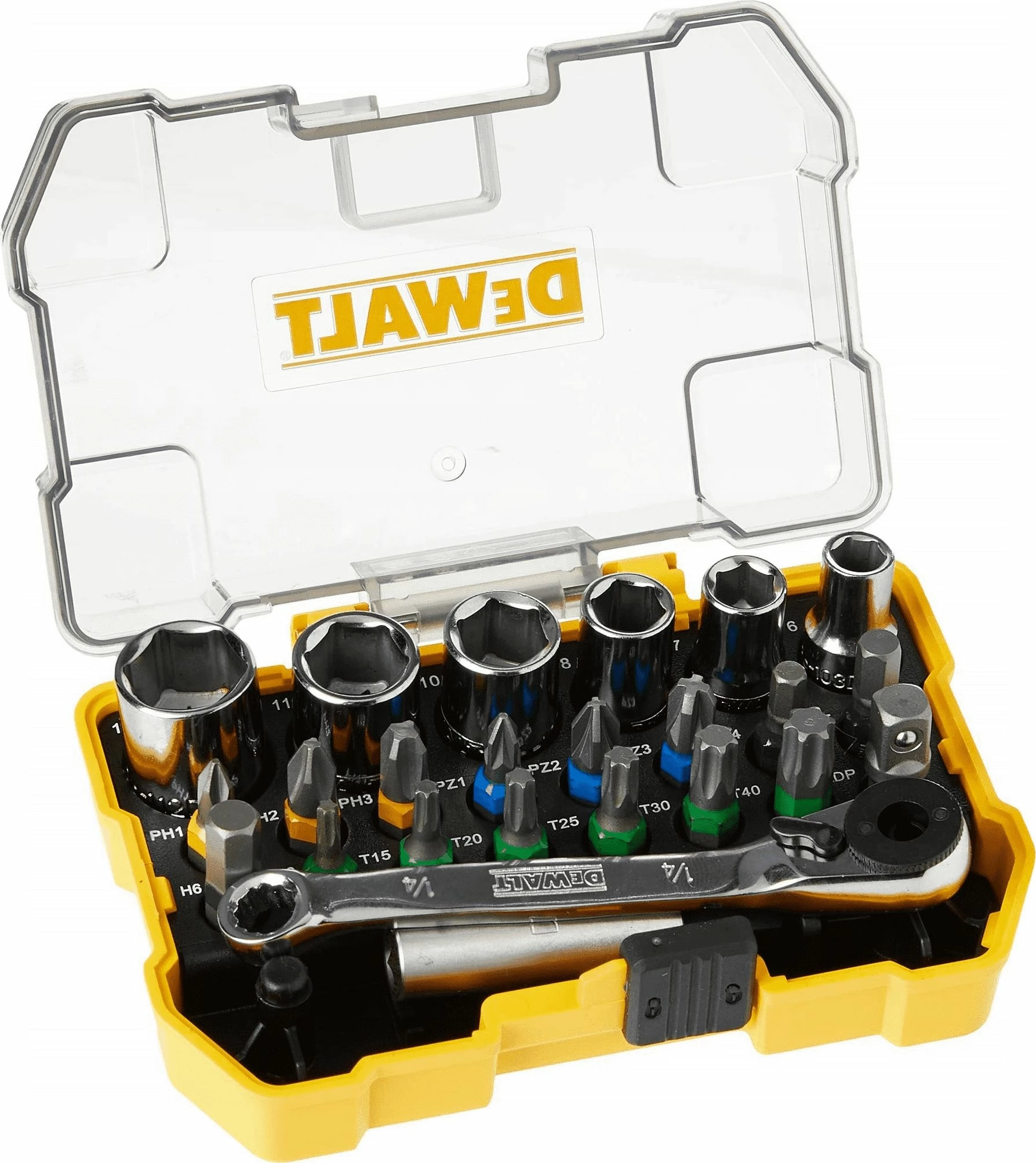 Set veglash DeWalt DT71516-QZ, 24 copë, bitë + ratchet, kasetë plastike, portokalli