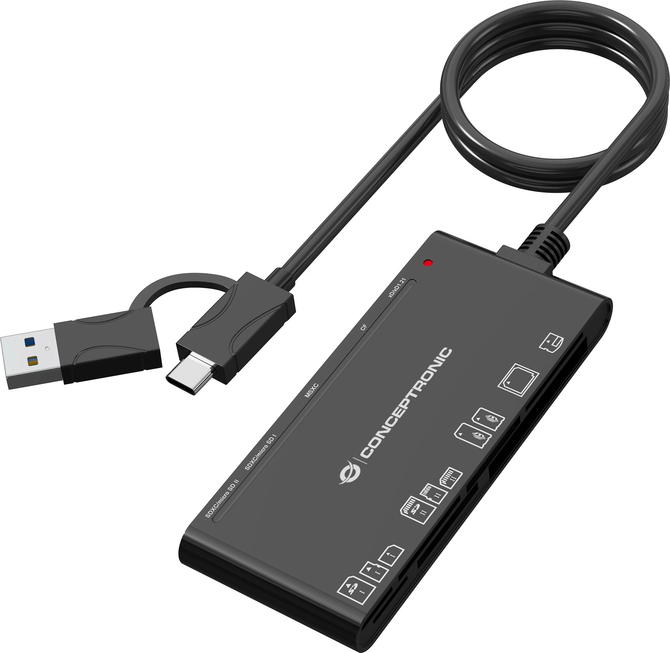 Lexues kartelash Conceptronic 7-në-1, USB-A/USB-C, i zi