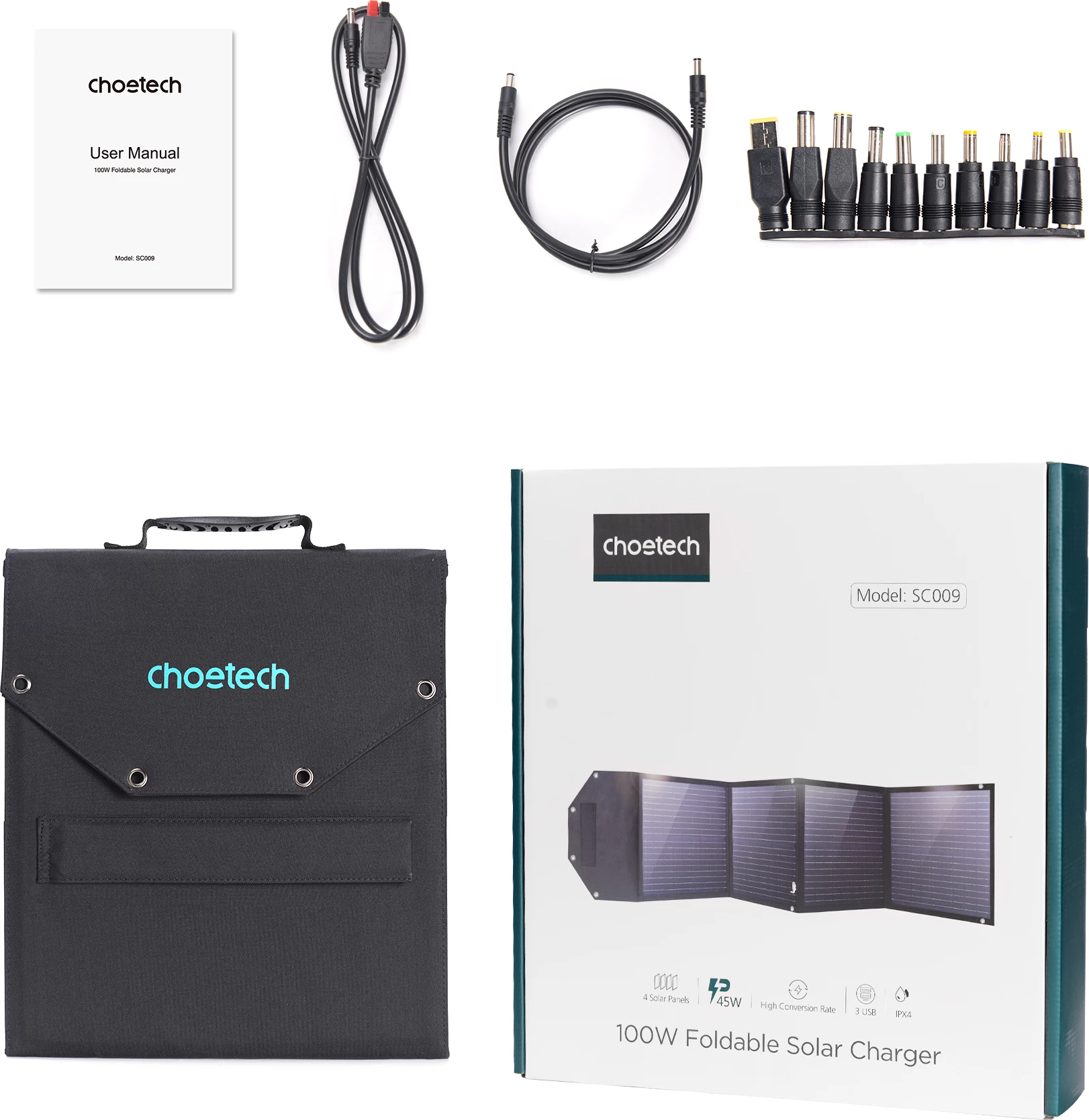 Karikues diellor i palosshëm Choetech SC009-V2, 100W, 2x USB-A, USB-C, i zi