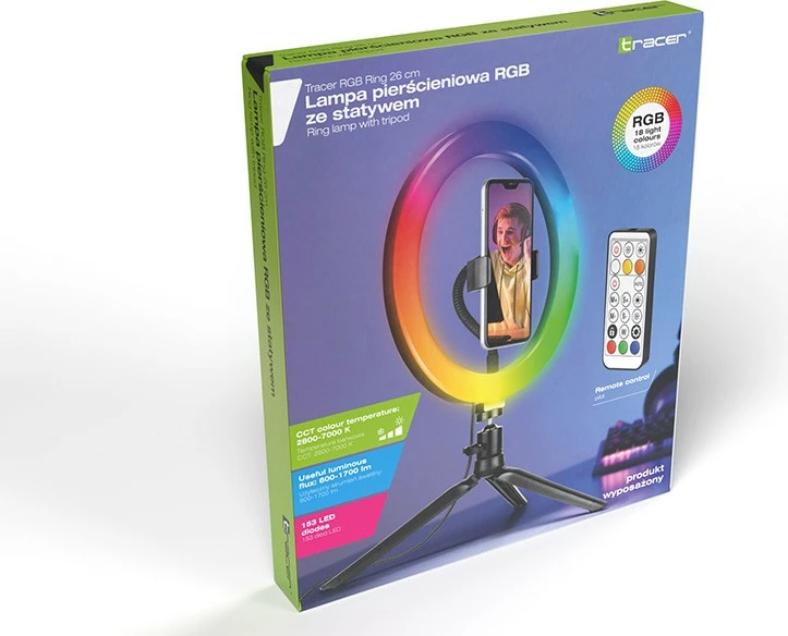Ring Light Tracer TRAOSW46807 me tripod, 26 cm, RGB, me telekomandë, e zezë