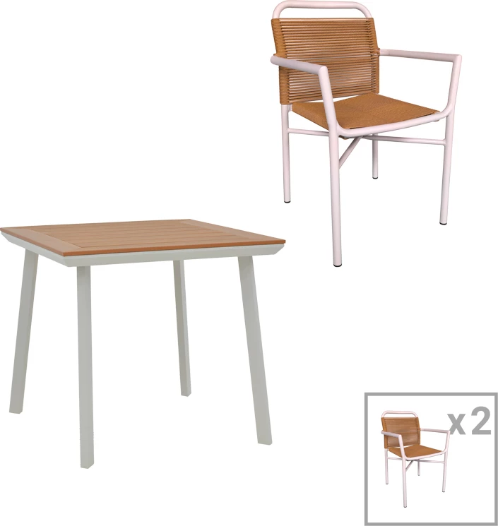 Tavolinë me karrige Synergy-Clutch, set prej 3 copash,, ngjyrë e bardhë dhe natyrale, 80x80x74cm