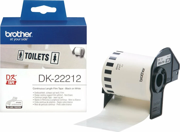 Rrotullë etikete Brother DK-22212, 62mm x 15.24m, e bardhë me të zezë