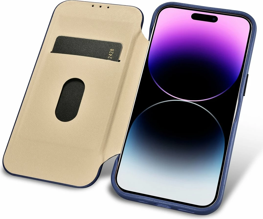 Mbështjellës iCarer CE Premium lëkurë folio për iPhone 14 Pro, MagSafe, Blu