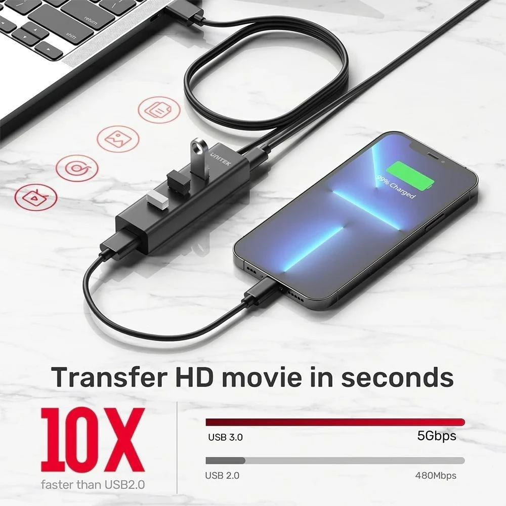 Hub USB UNITEK Y-3089V01, 4 porta, 5000 Mbit/s, Zi