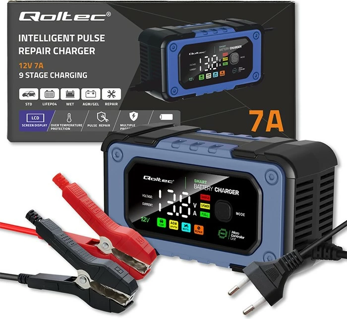 Karikues baterie Qoltec 52486, 12V, 7A, me funksion riparimi, LED, i zi/blu