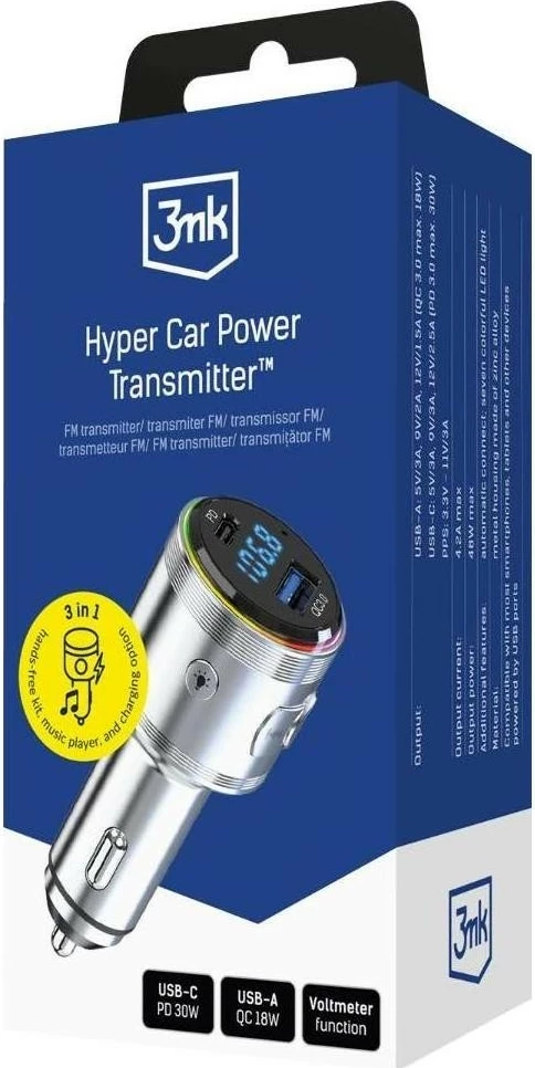 Transmetues karikues për veturë 3MK Hyper Car Power Transmitter 48W, USB, USB-C, argjendtë