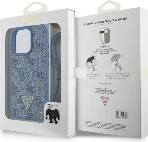 Mbështjellës Guess Crossbody 4G Metal Logo për iPhone 16 Pro, Blu