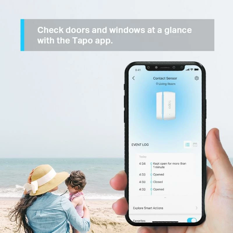 Sensor kontakti smart, TP-Link Tapo T110, për dyer/dritare, njoftime në aplikacion, i bardhë