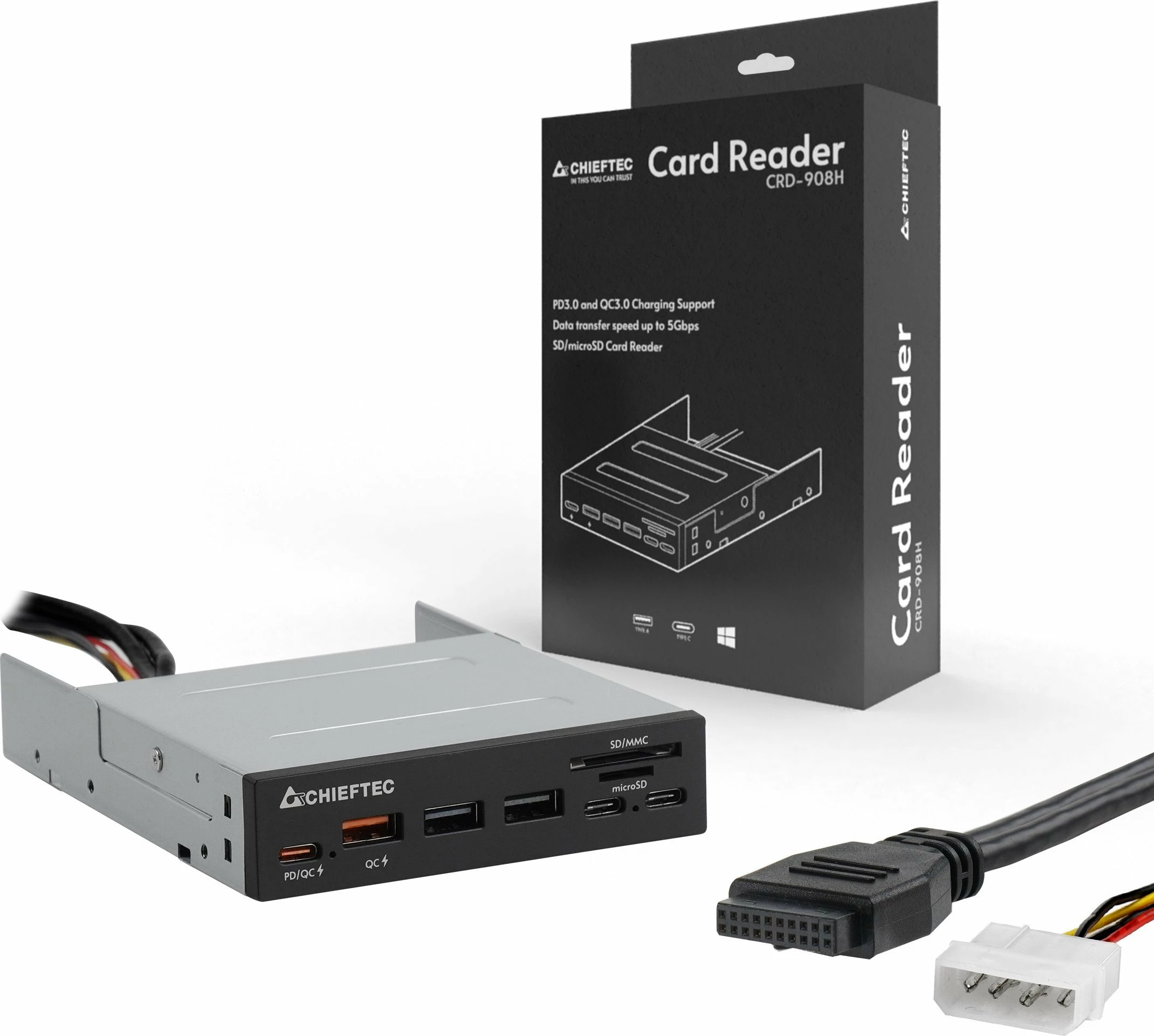 Panel front I/O Chieftec CRD-908H, 3.5\", 3x USB-A + 3x USB-C, lexues SD/MicroSD, e zezë