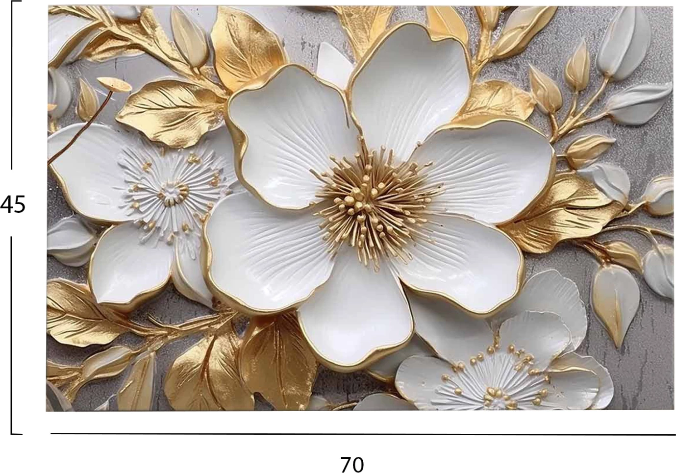Pikturë muri GOBI, lule të bardha dhe të arta, kanavacë e printuar, 70x2.8x45cm