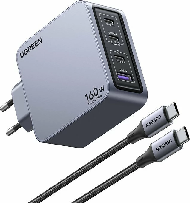Karikues Ugreen Nexode Pro UGR1838 160W, 1x USB-A + 3x USB-C, GaN II, me kabllo, gri
