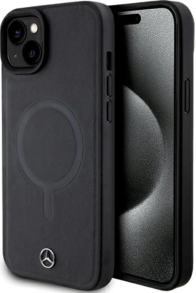 Mbështjellës Mercedes Smooth Leather MagSafe për iPhone 15 Plus, i zi