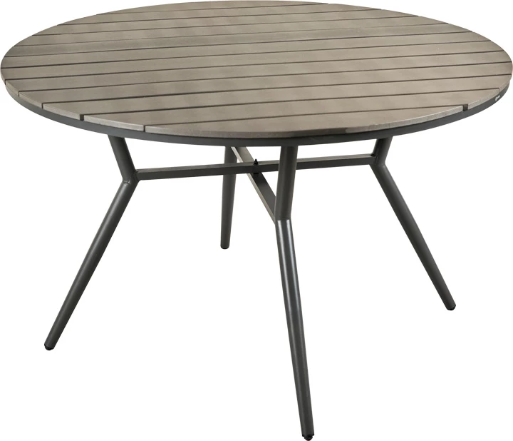 Tavolinë me karrige për terasë Appa-Moly, alumin dhe dru kompensat, ngjyrë antracit, set prej 5 pjesësh, Φ120x74cm