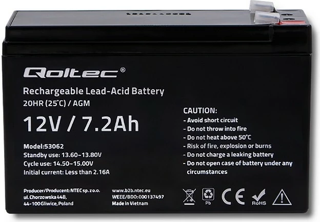 Bateri AGM Qoltec 53062, 12V, 7.2Ah, e zezë