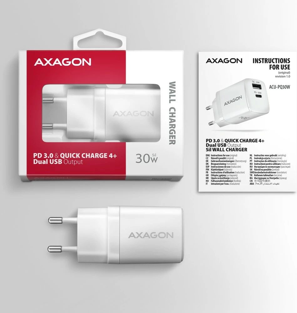 Mbushës muri AXAGON ACU-PQ30W, 30W, 2 porta USB-A & USB-C, i bardhë