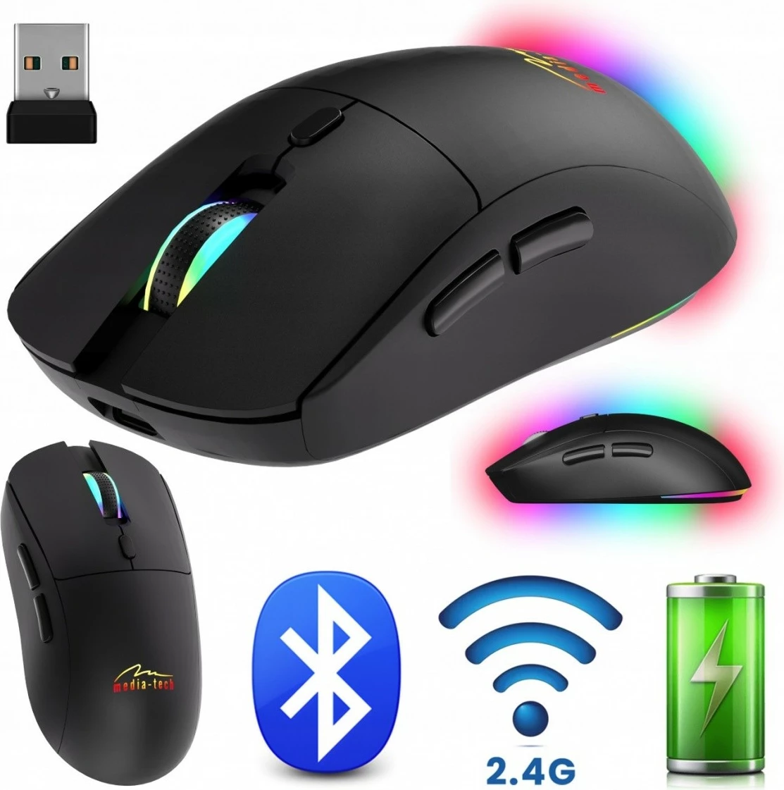 Maus pa kabllo Media-Tech MT1124 2-në-1 BT 5.0/RF 2.4GHz 1200-3200 DPI USB-C i rikarikueshëm ndriçim RGB, e zezë