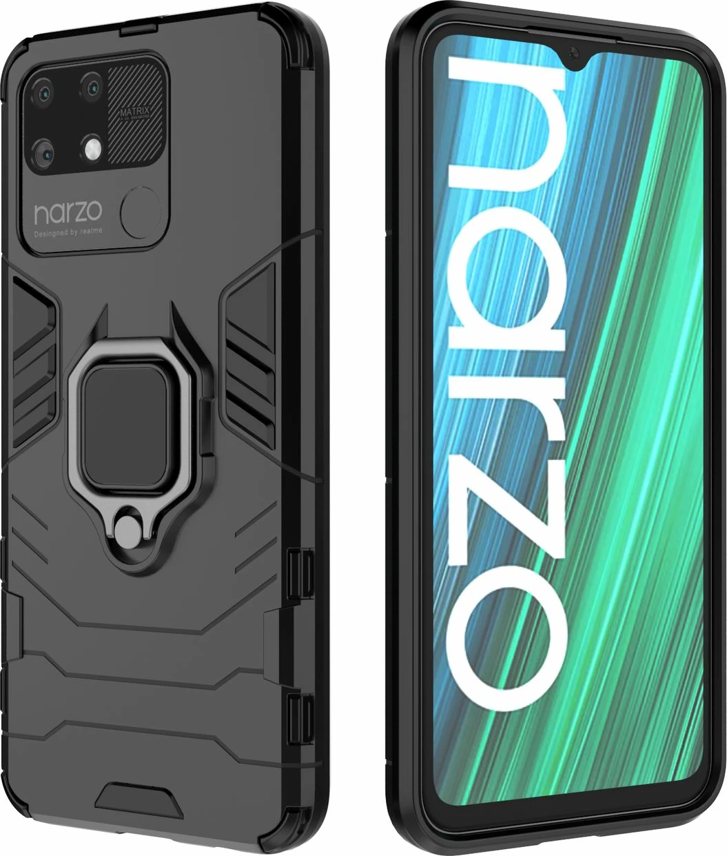 Mbështjellës Hurtel Ring Armor për Realme Narzo 50A, me dorezë magnetike, i zi