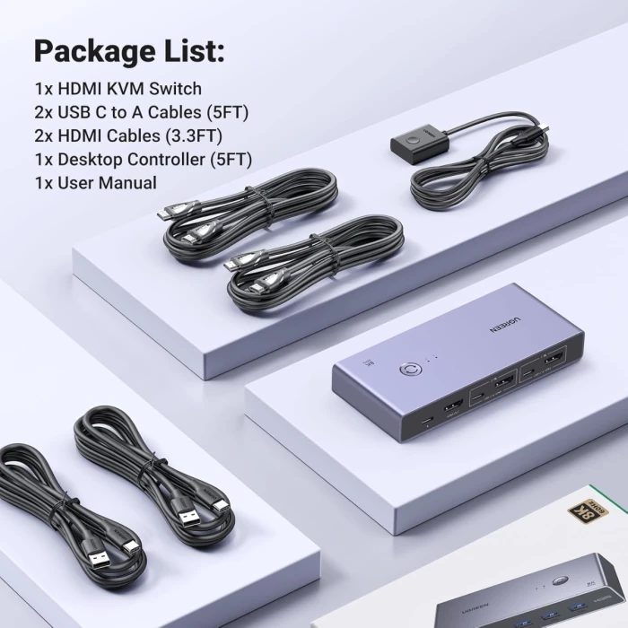 Switch KVM HDMI UGREEN 25961 8K@60Hz HDMI 2.1, 4x USB 3.0 (3x USB-A + 1x USB-C), 2 kompjutera/1 monitor, gri, set me kabllo dhe kontrollues