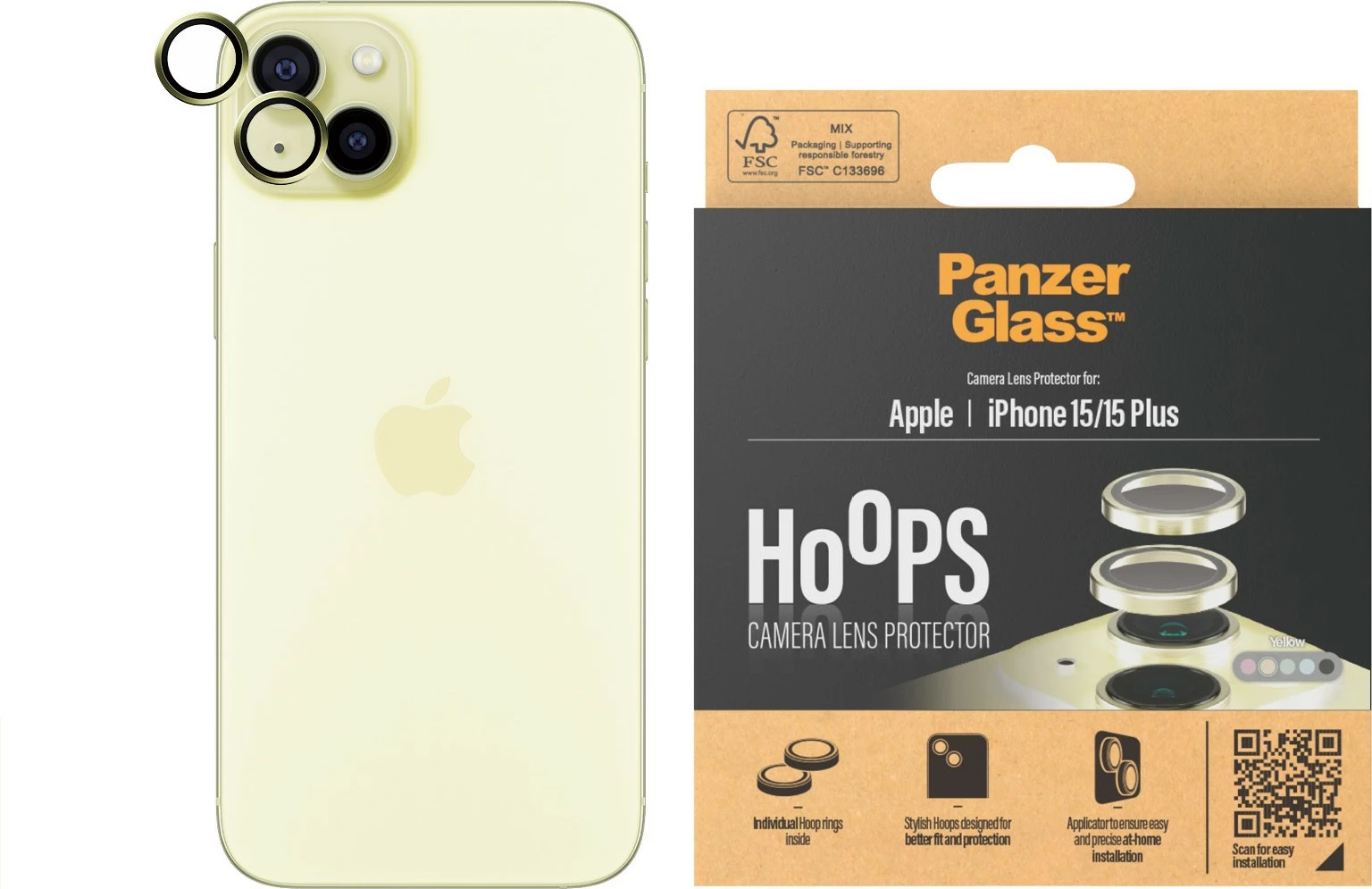 Mbrojtës kamerash PanzerGlass Hoops për iPhone 15/15 Plus, e verdhë