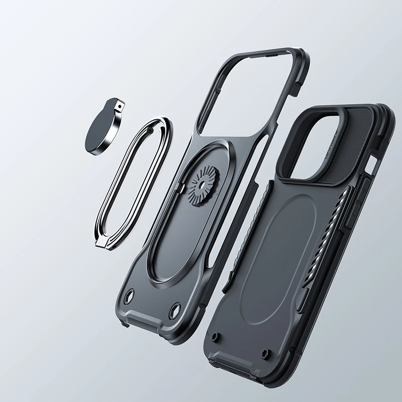 Mbështjellës Joyroom Dual Hinge për iPhone 14 Plus, me këmbalec dhe ring holder, Zi