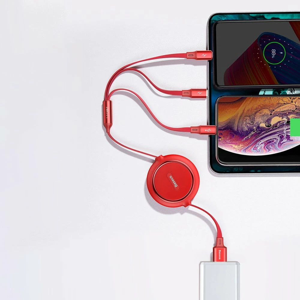 Kabllo zgjatshme 3-në-1 Baseus Golden Loop CAMLT-JH01, USB - micro USB / Lightning / USB-C, 1.2m, e zezë