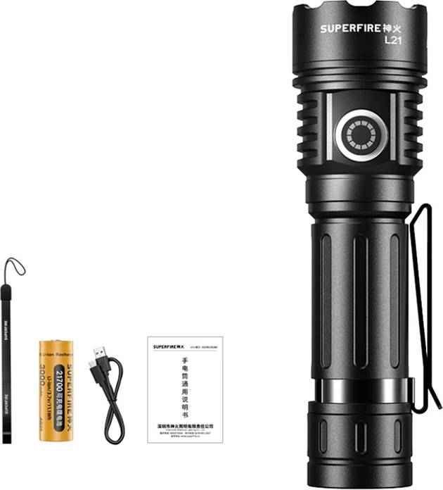 Dritë dore Superfire L21 1350 lm, USB-C, bateri 3000 mAh, IP44, e zezë, set me bateri + kabllo