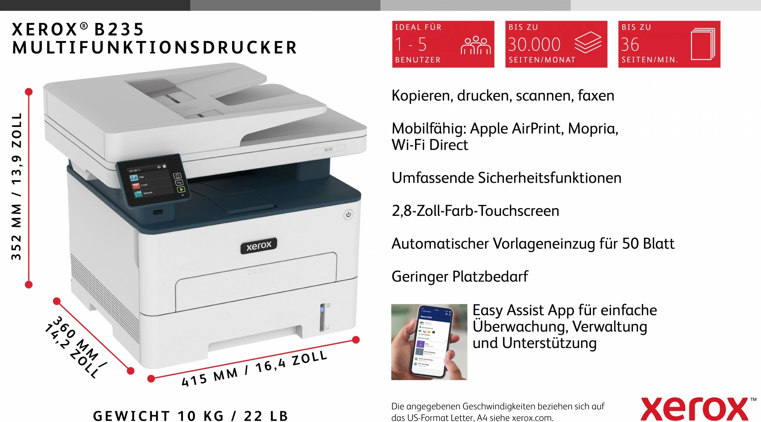 Printer multifunksional Xerox B235, laser, mono, wireless, duplex, A4, 251 fletë, bardhë/blu