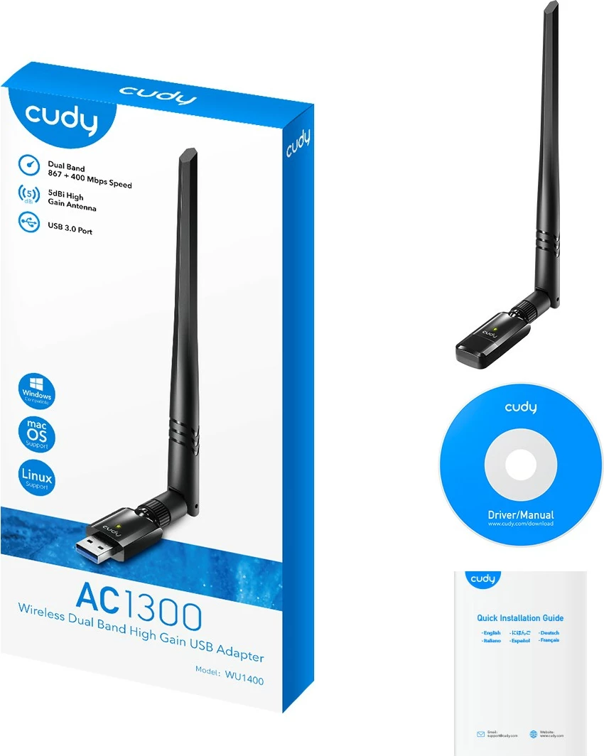 Adaptues Wi‑Fi USB, Cudy WU1400, AC1300, USB 3.0, antenë 5 dBi, i zi
