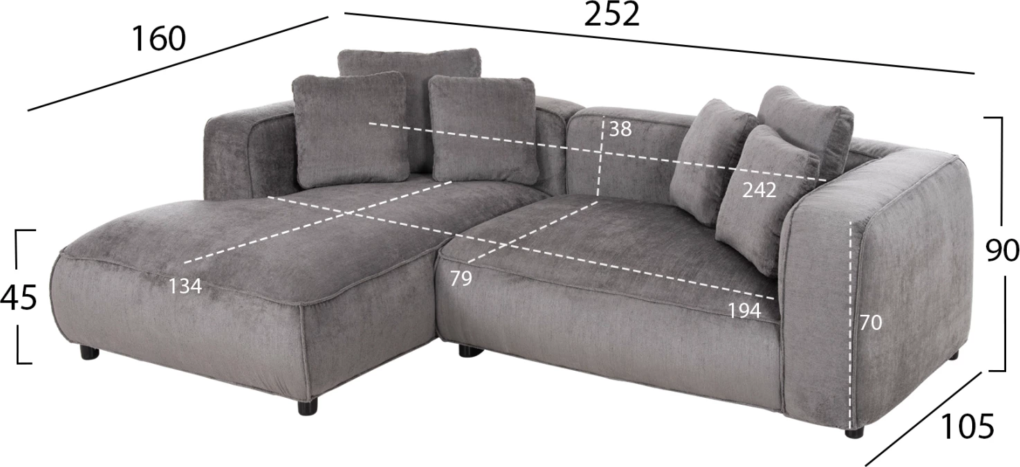 Divan qoshe i majtë, 3-vendësh, GRACE, FH3280.03L, ngjyrë gri, 252x105-160x70-90H cm