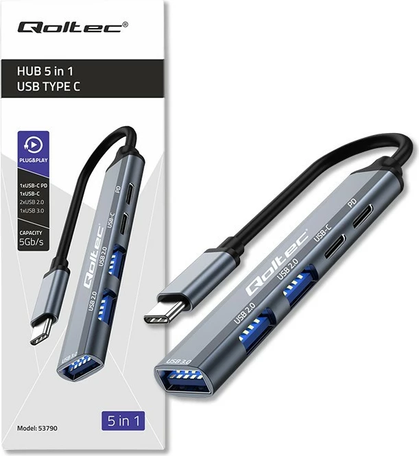 HUB USB-C Qoltec 53790, 5 porte, USB 3.0/2.0/USB-C/PD, grafit