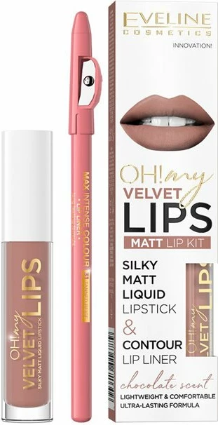 Set për buzë Eveline Cosmetics Oh! My Velvet Lips Liquid Matt Lip Kit për femra 11 Cookie Milkshake 4.5ml + laps për buzë