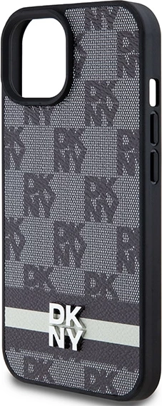 Mbështjellës DKNY Leather Checkered Mono Pattern & Printed Stripes për iPhone 13/14/15, i zi