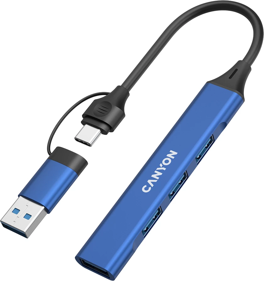 Hub USB CANYON DS-02 4-në-1, USB-C në 4x USB-A (1x USB 3.0 + 3x USB 2.0), kabllo 15 cm, Blu