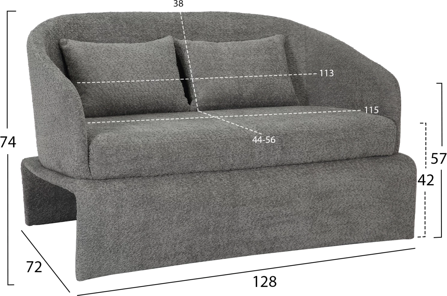 Divan 2-vendësh BEVY2 FH9678.01, ngjyrë gri, kornizë metalike, 128x72x74H cm