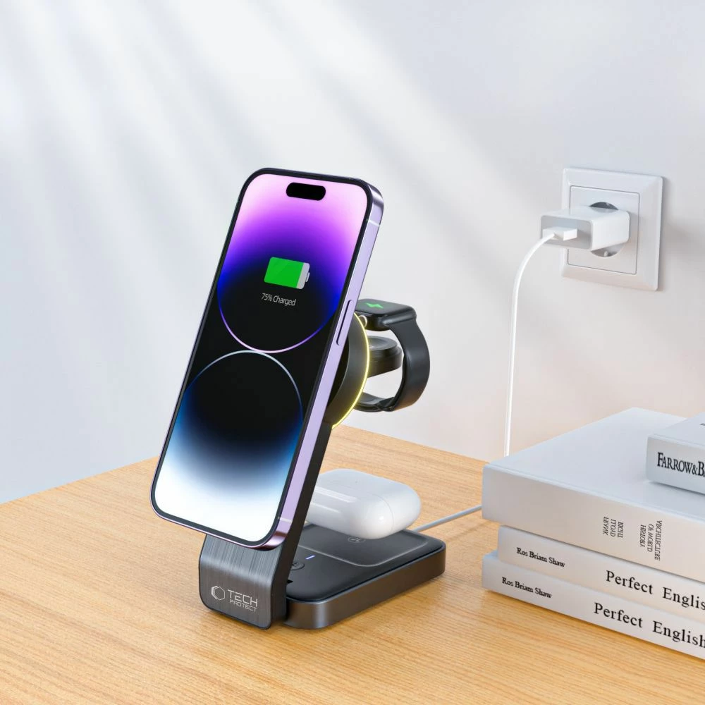 Karikues induktiv 3-në-1 Tech-Protect QI15W-A28 me MagSafe, për smartphone, Apple Watch dhe AirPods, i zi