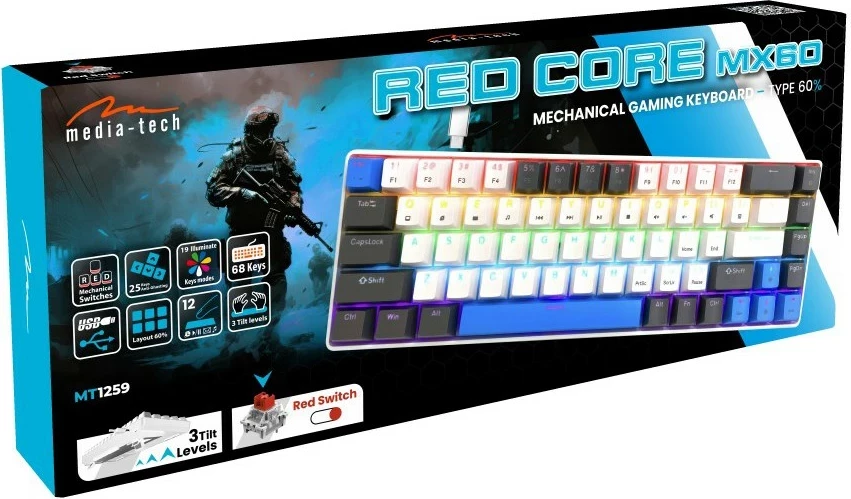 Tastierë mekanike Media tech RED CORE MX60 MT1259, 60%, me ndriçim shumëngjyrësh